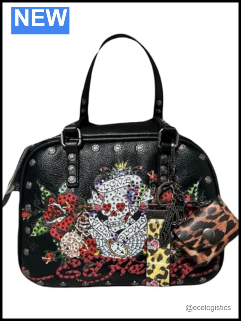 Ed Hardy Rhinestone Skull Satchel Handbag with Studded Hardware